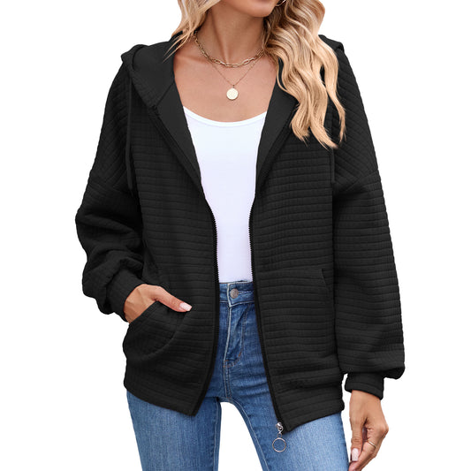 New Solid-color Zip-up Long-sleeve Hoodie With A Hood And Pockets For Women