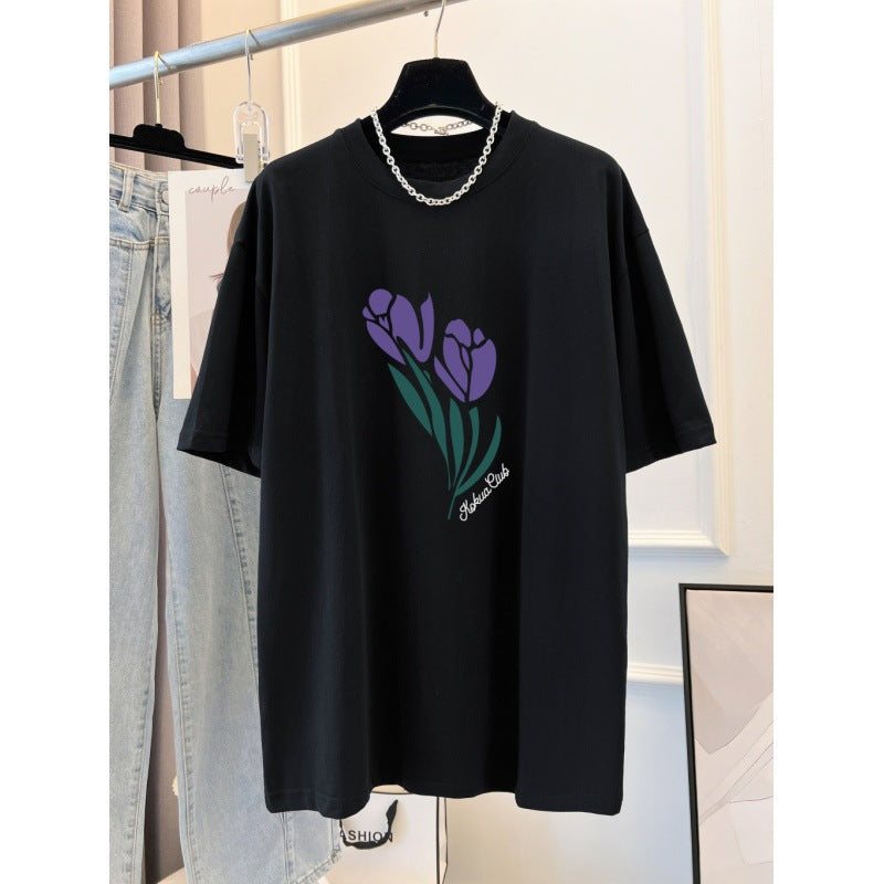 Combed Cotton Printed Summer Clothing Short Sleeve T-shirt Women's Loose Korean Style