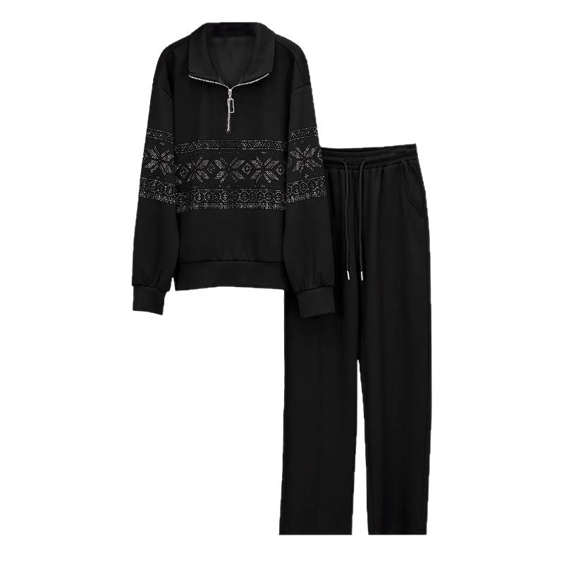 Half-zip Hoodie With Long Sleeves Paired With Wide-leg Pants