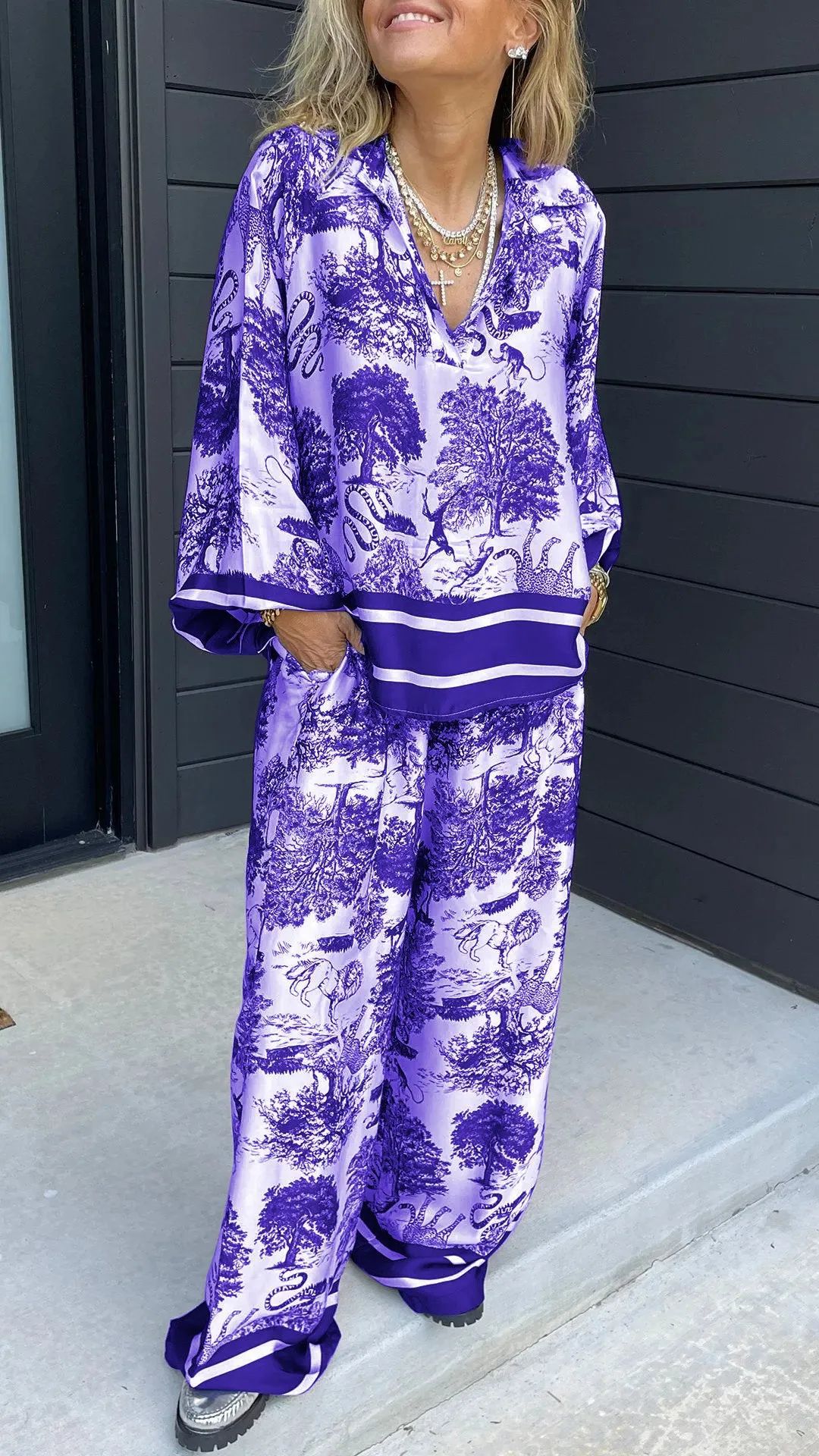 Expert V-neck Printed Long Sleeve Pocket Casual Women's Suit