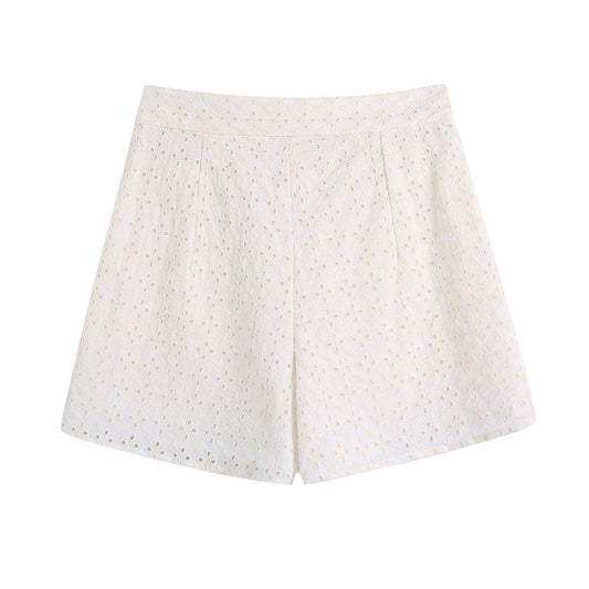 Women's Dignified Hollow Embroidered Shirt And Shorts Suit