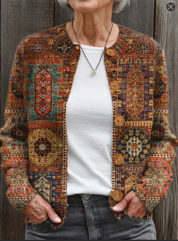 Ny strikket cardigan med 3D-print i løs pasform til damer – efterårs- og vinterstil