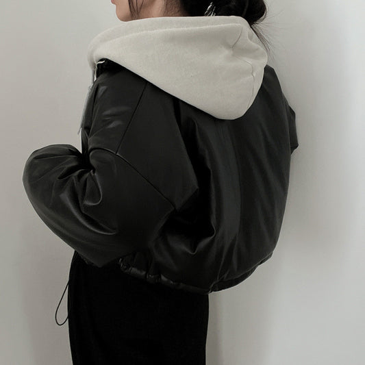 Warm Loose Versatile Short PU Leather Cotton Jacket For Women