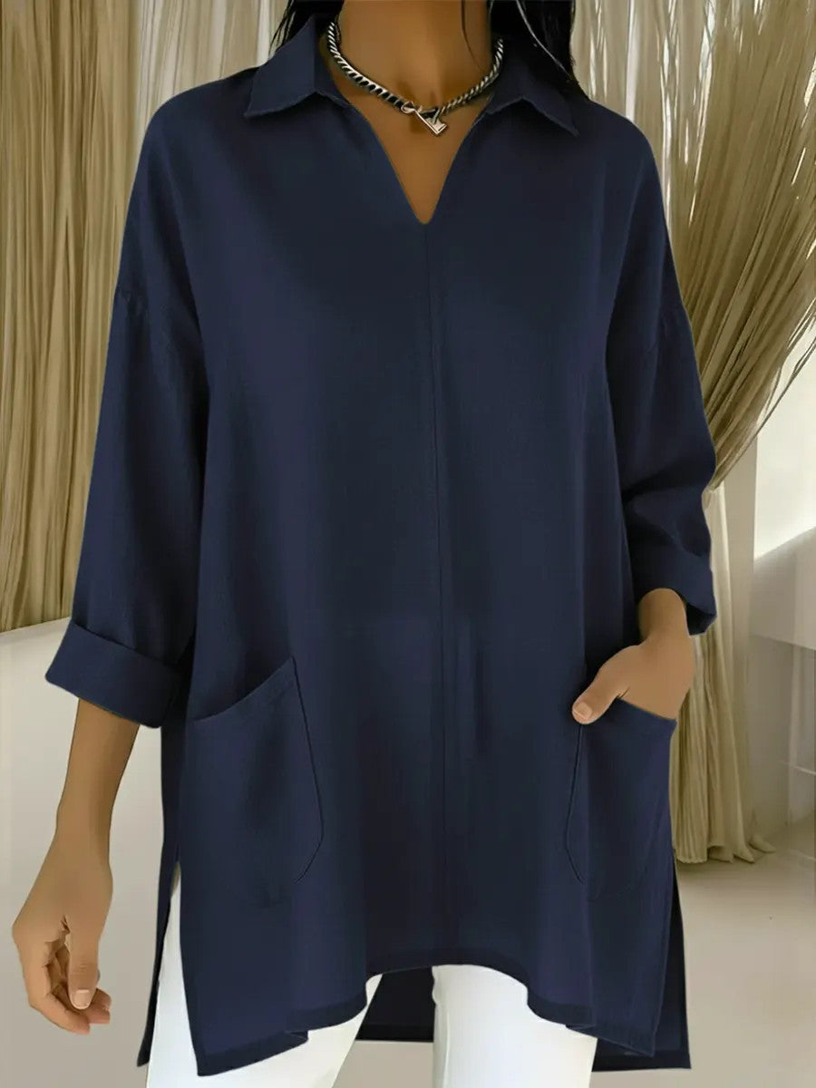 Womens Fashion Solid-color Pocket Shirt With A Loose-fitting Collar