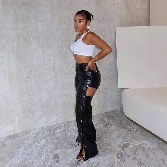 Fashion Sexy High Waist Slimming And Straight Hollow Leather Pants