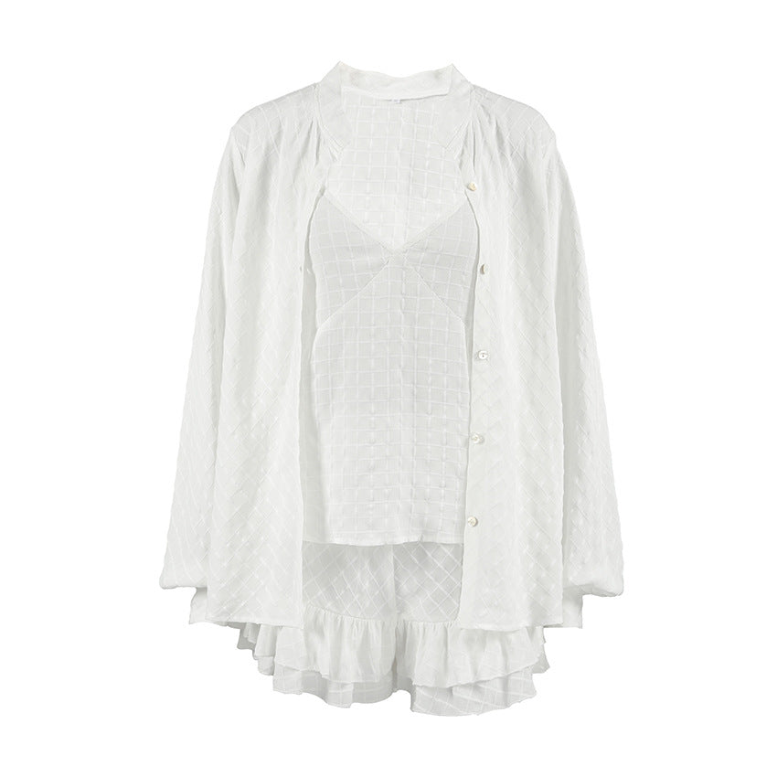 Womens Loose And Comfortable Two-Layer Ruffle-Trimmed Pajama Set Of Three Pieces
