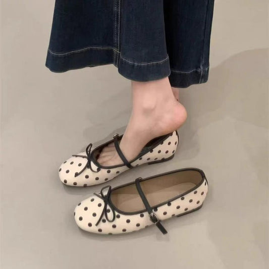 Women's Polka Dot Mary Jane Shoes 2026 Spring New Arrival, Hidden Heel, Bow & Single Strap Design, Pumps To Match Dresses, Small Leather Shoes