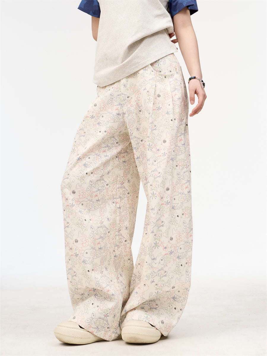Female American Retro White Printed Graffiti Wide Leg Jeans