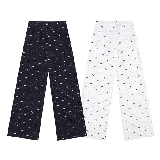 Polka Dot Bow Full Printed Design Loose Casual Wide-leg Trousers