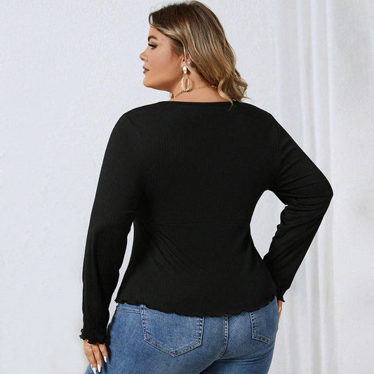 Women's V-neck Waist-casual Knit Solid Long-sleeved Top