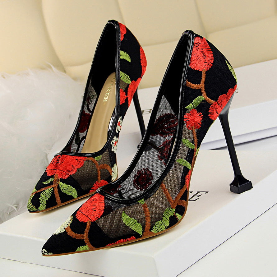 High-Heeled Shallow Mouth Pointed Flower Nightclub Shoes