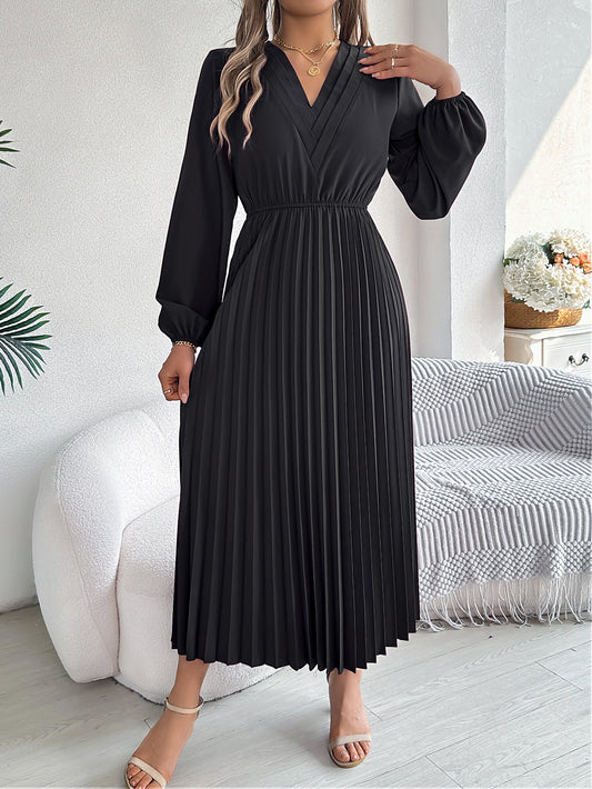 Women's Elegant Triple V Neck Long Sleeve Tie Waist Pleated Maxi Dress