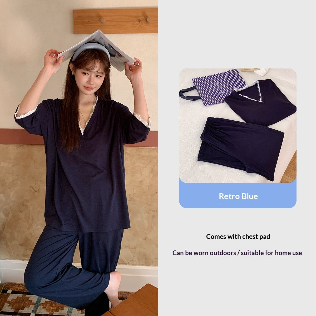 Spring Summer V-Neck Pajama Set With Chest Pads Lace Luxurious Feel Comfortable And Skin-Friendly Loungewear