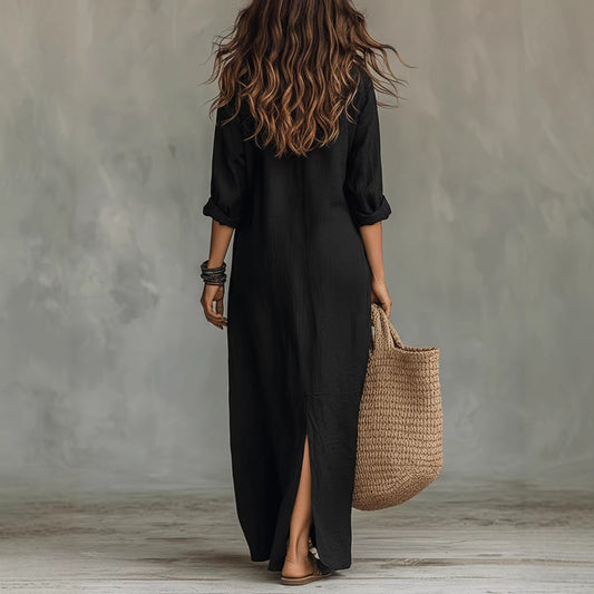 Casual Solid-color Lapel-front Slit Maxi Dress