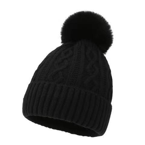 Uldhue til kvinder efterår vinter ørebeskyttelse med pelskvast, pullover-model