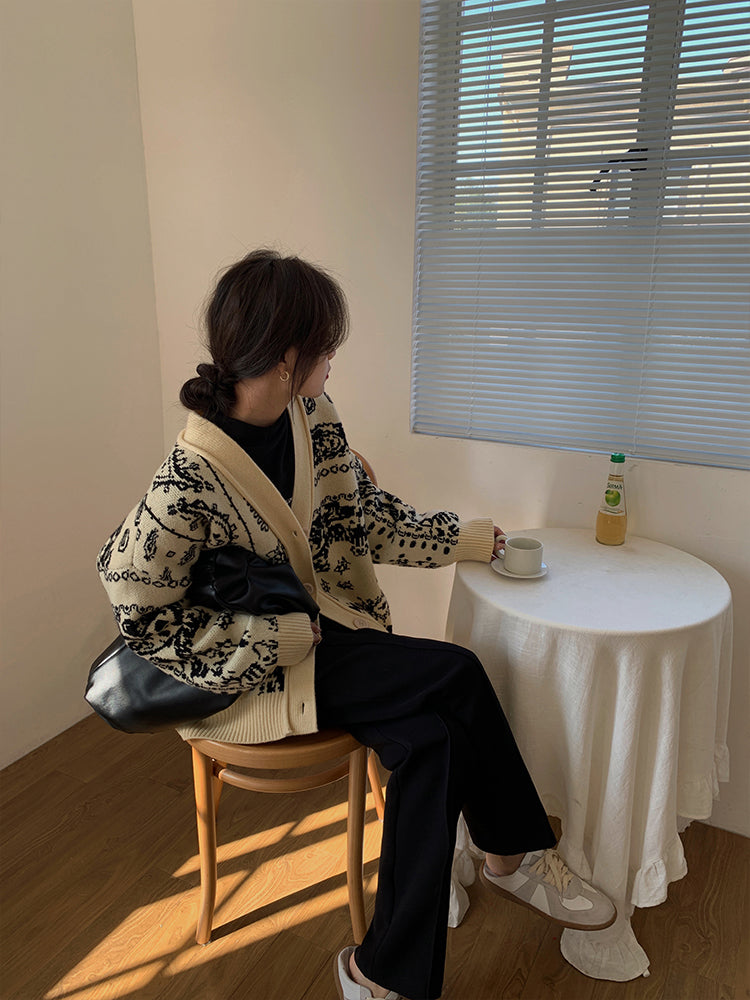 Vintage Heavy Industry Contrast Jacquard Knit Cardigan Jacket