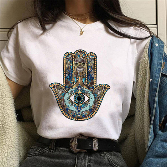 Fashion Lucky Hand Plus Size Round Neck Black Ladies Short Sleeves