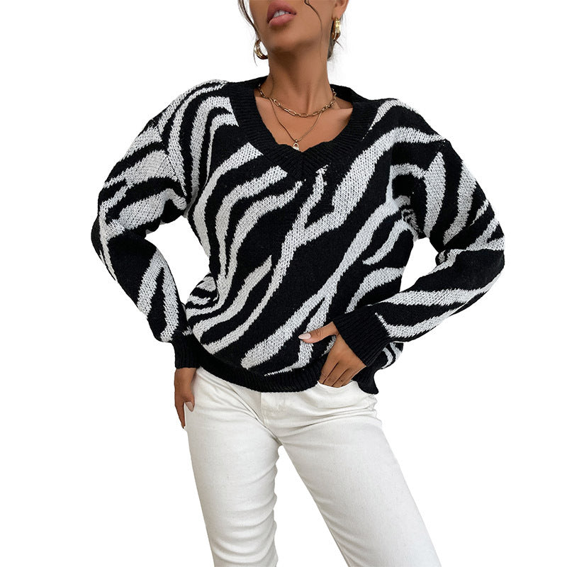 Women's Zebra Stripe Pullover Warm Thick Knit Sweater