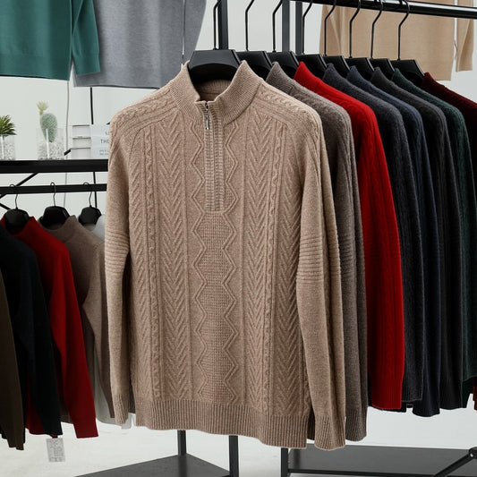 Wool Men's Sweater Half Turtleneck Zipper Sweater
