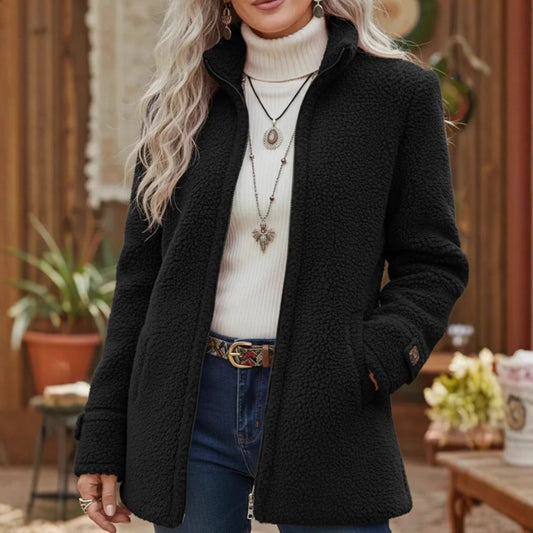 Womens Stand-Up Collar Solid-Color Loose Casual Long-Sleeve Fleece Zip-Up Jacket