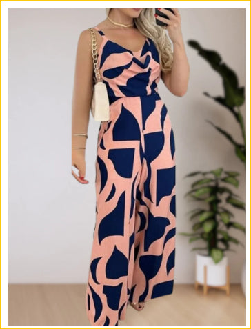 Women's Printed Suspender Waist Wide-leg Jumpsuit