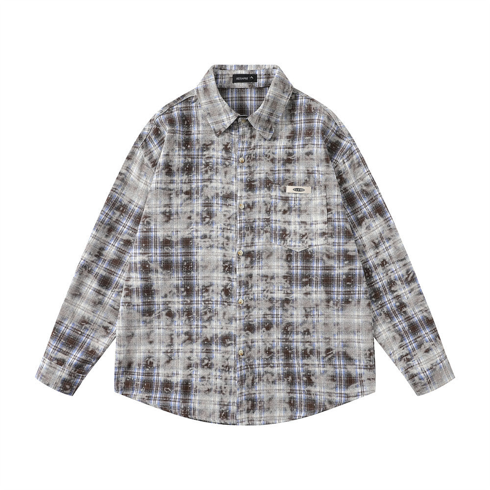 American Retro Tie-dye Distressed Plaid Long Sleeve Shirt Men