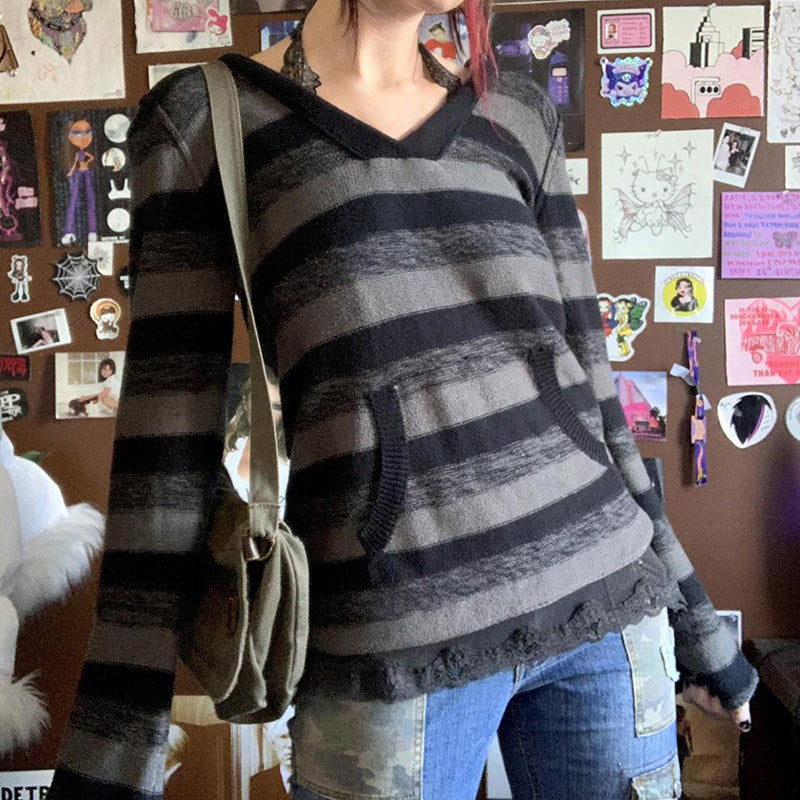 American Street Contrast Color Striped Loose Sweater