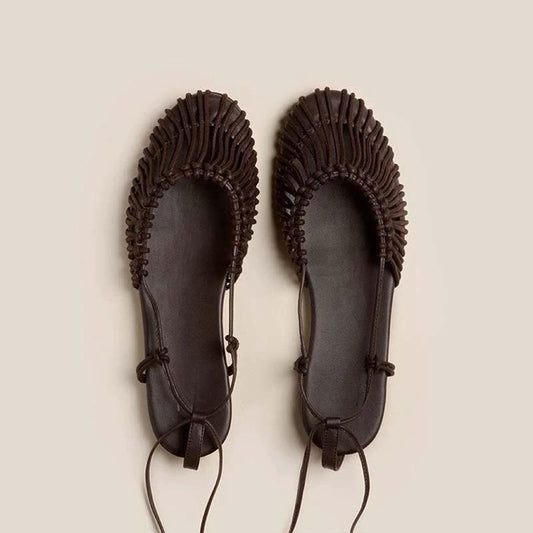 Niche Handmade Weave Vintage Genuine Leather Twine Grip Sandals