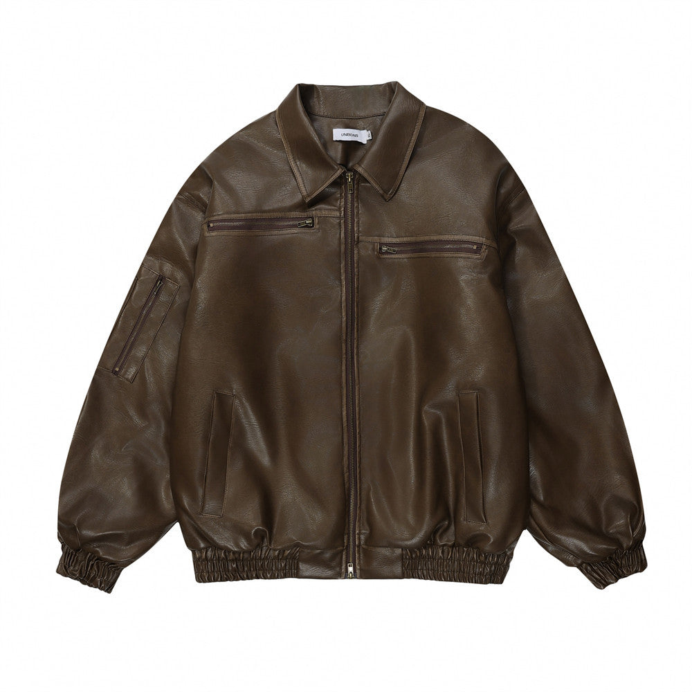 Distressed Biker's Leather Jacket Men's Clothing Padded Lapel