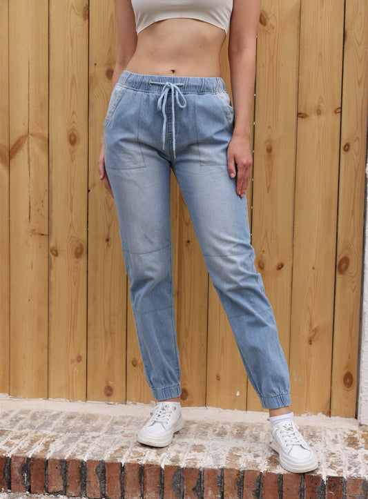 Casual Lyseblå Jeans med Elastisk Talje og Bindebånd