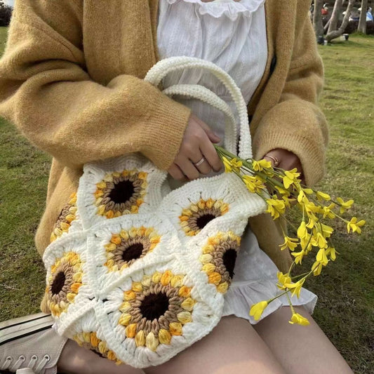 Hand-woven Bag Wool Crochet Cute Sunflower Since Shoulder Tote