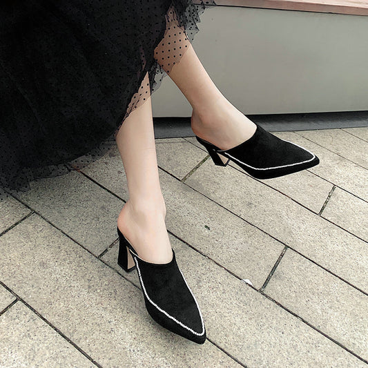 Baotou Half Slippers Women's Outer Wear Half Support Thick-heeled High-heeled Shoes All-match Pointed Toe