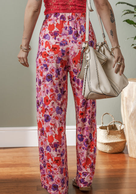 Purple Floral Wide Leg Elastic High Waist Pants