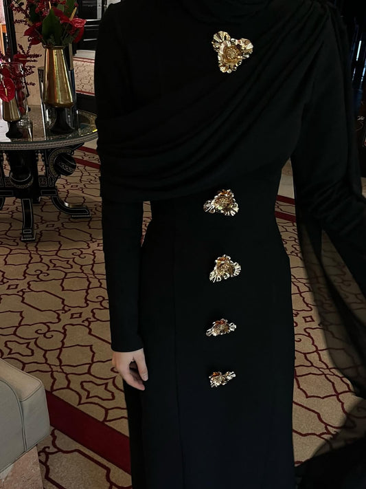 Black Turtleneck Cape Sleeve Gold Button Maxi Dress
