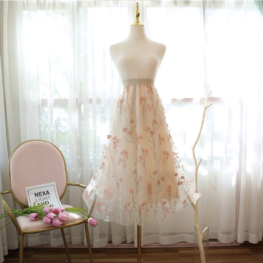 High Waisted Embroidered A-line Skirt Mesh