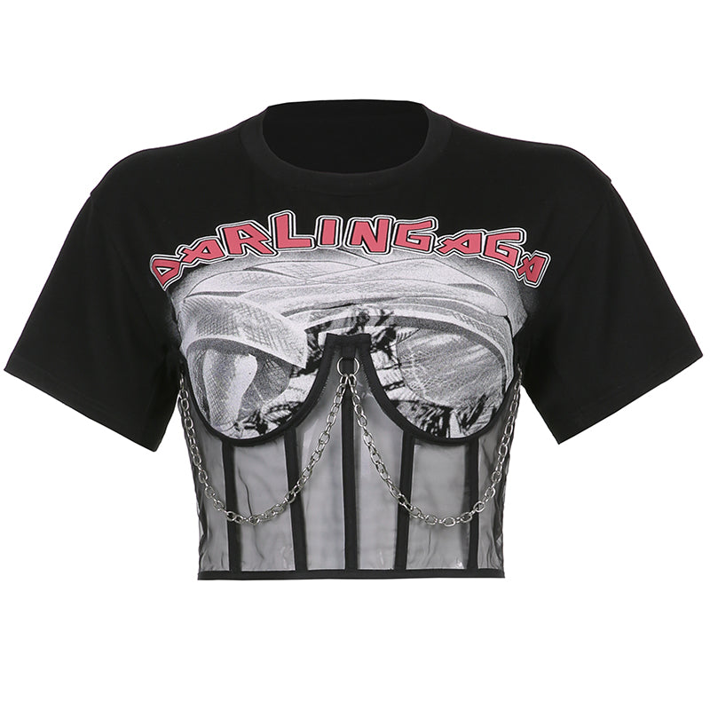 Metal Kæde Mesh Print Fake Todelt Punk Croptop
