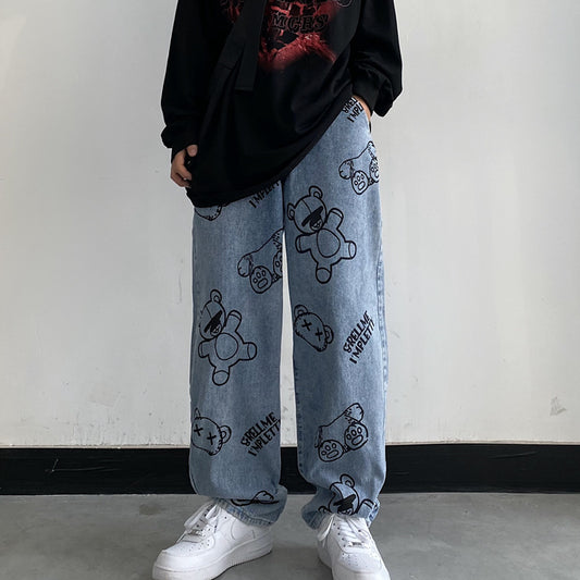 Retro Cartoon Print Casual Loose Wide-leg Straight-leg Pants