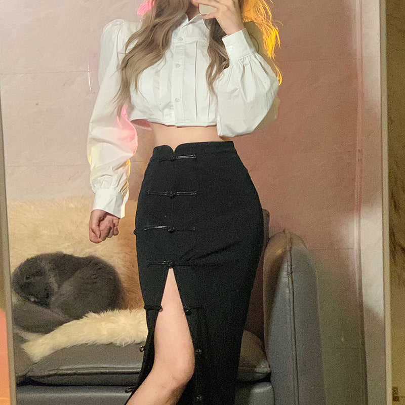 Solid Color Slim High Fanny Pack Hip Fashion Sexy Slit Half Skirt