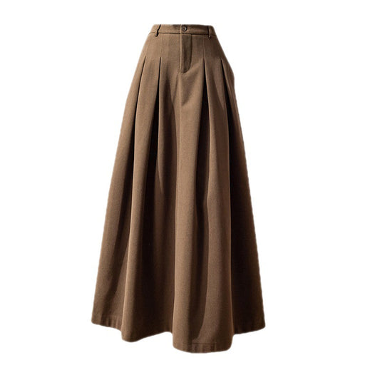 High Waist Korean Style Large Swing Pleated Slimming Woolen Long Skirt