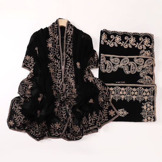 Ethnic Style Black Embroidered Toe Cap Shawl Scarf