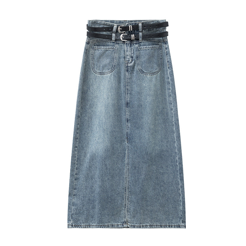 Women's Double Belt Slit Denim Skirt