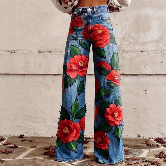 Floral-patterned Slim-fit Faux Denim Wide-leg Pants