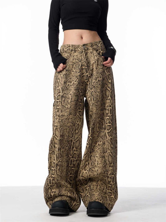 Retro Straight Slim High Street Leopard Jeans Wide Leg