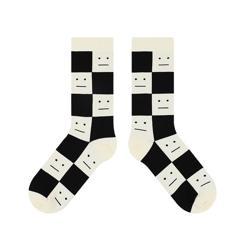Black And White Plaid Simple And Stylish Casual Middle Tube Cotton Socks