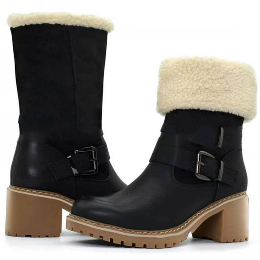 New Women's Low Barrel Pure Color Velvet Cotton Warm Belt Buckle Snow Boots