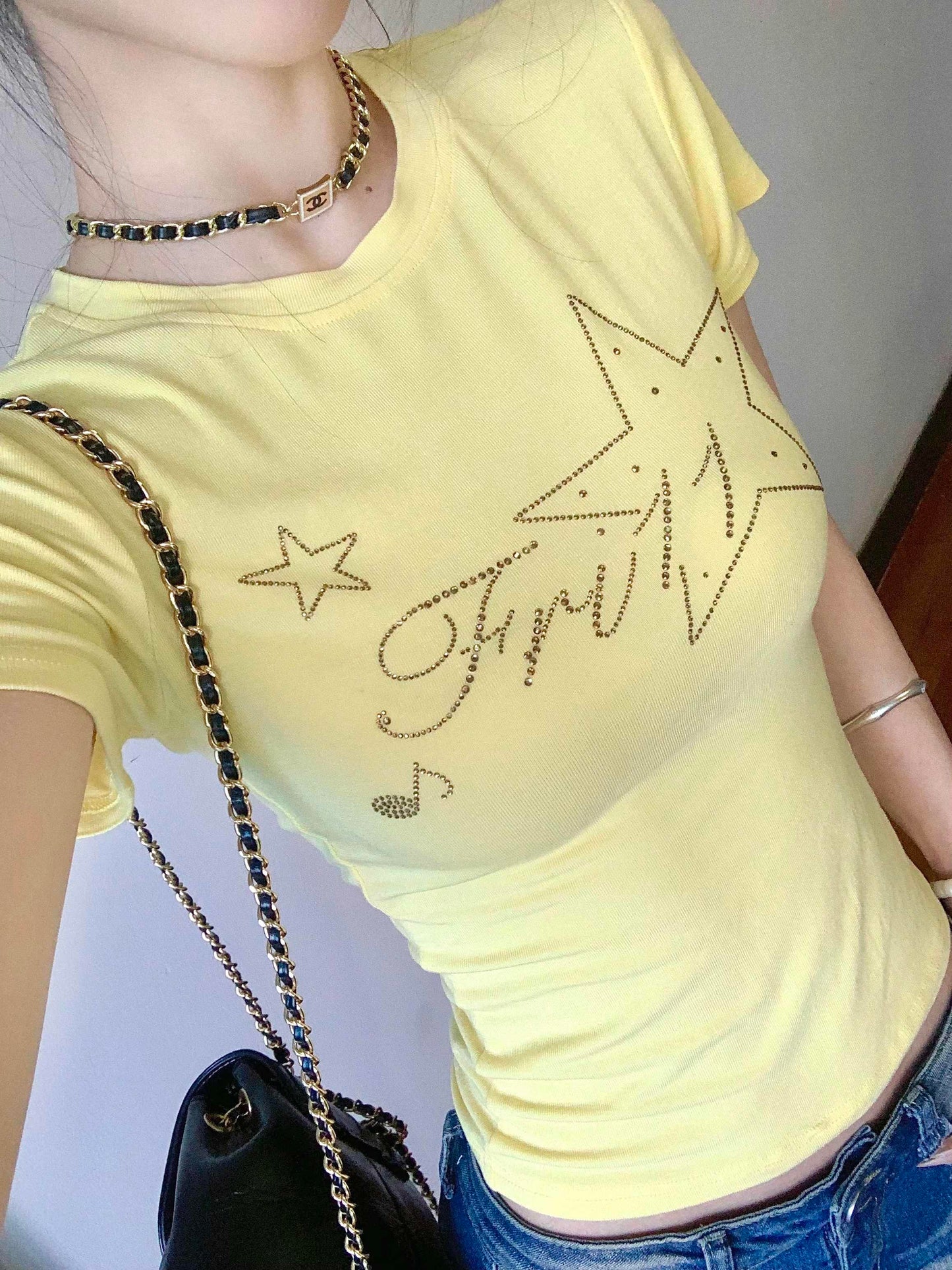 Yellow Shoulder Rhinestone T-shirt Short Sleeve Women's Short Top
