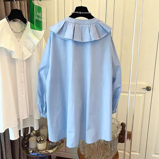 Womens Casual Resort Ruffle-Trim Collar Button-Up Shirt Top