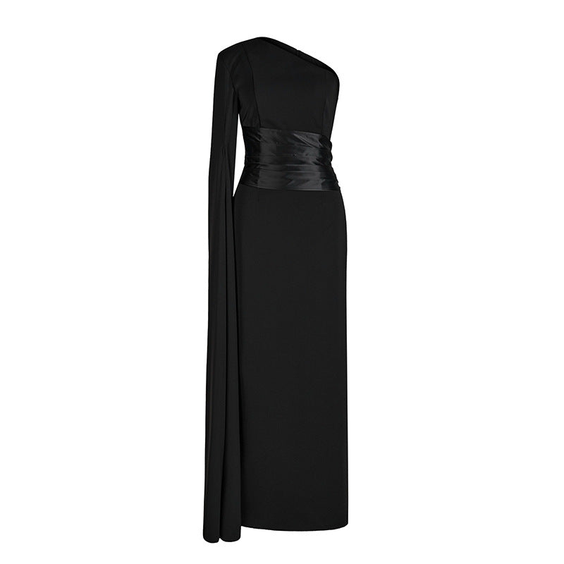 Womens Asymmetrical Black Waist-Cinching Sleeveless Dress With A Slant Neckline