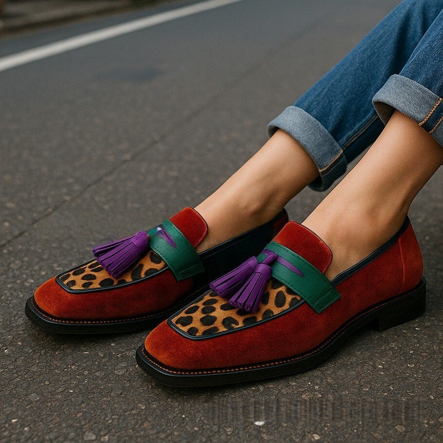 Women's Retro Square Head Tassel Leopard Print Color Matching Low Heel Shoes