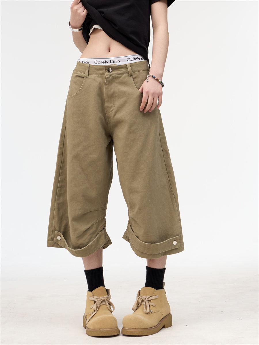 Retro Khaki Workwear Cropped Pants For Women